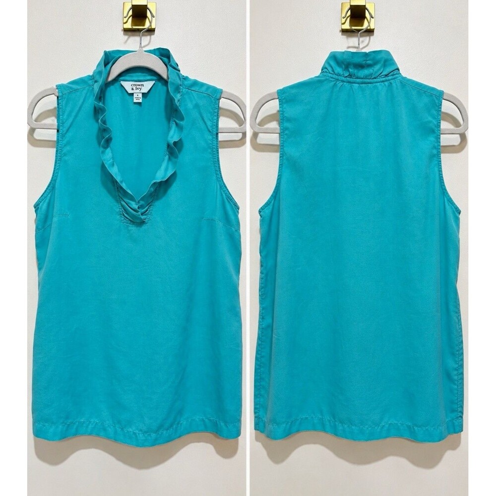 Crown & Ivy Women's Blue Solid Ruffle V-Neck Sleeveless Lyocell Blouse L